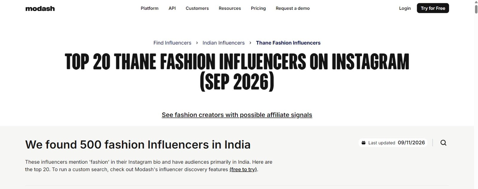 Modash Top 20 Thane Fashion Influencers September 2026 listing